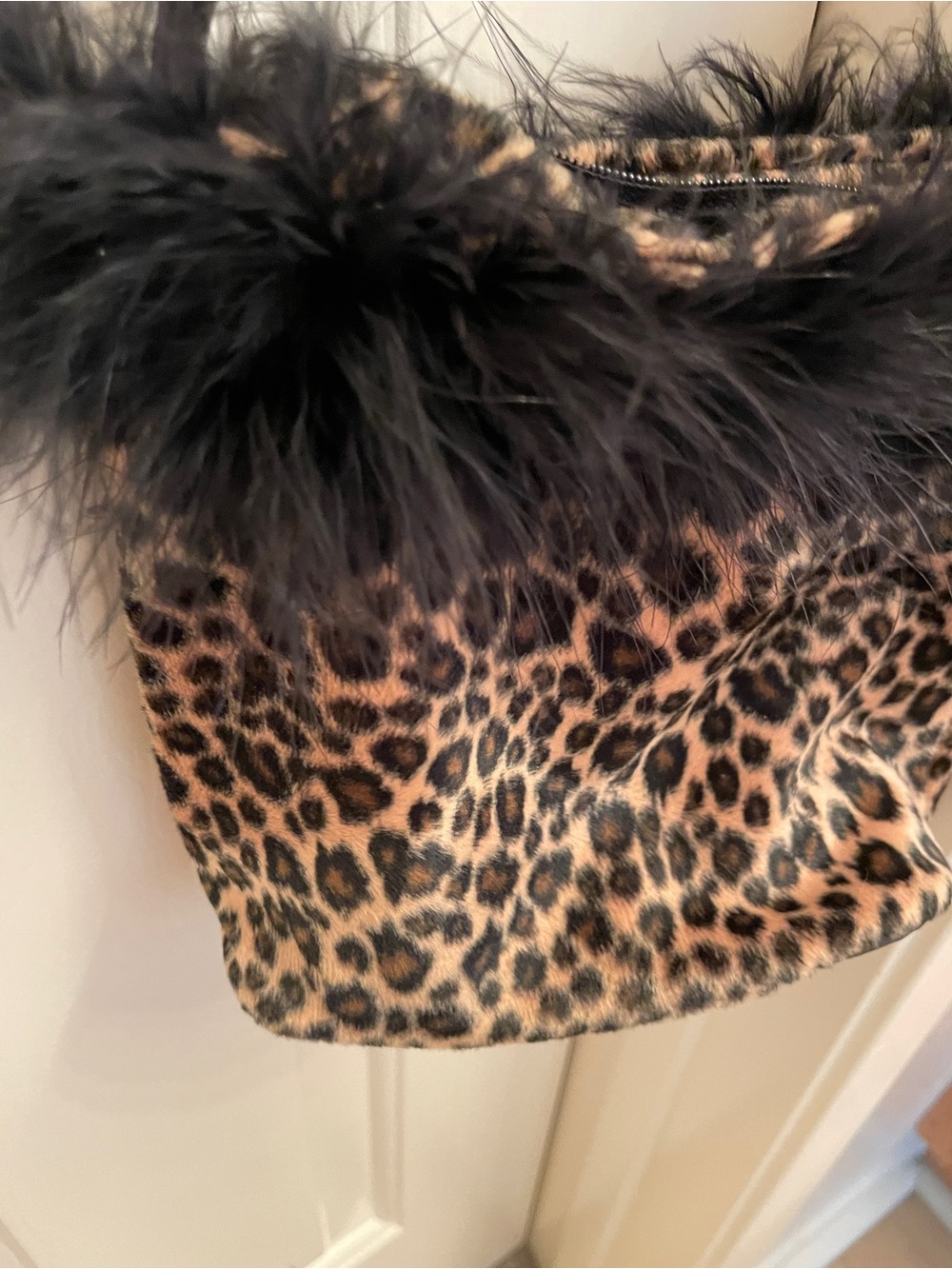 Leopard Print Faux Fur Trim Handbag - Black & Brown